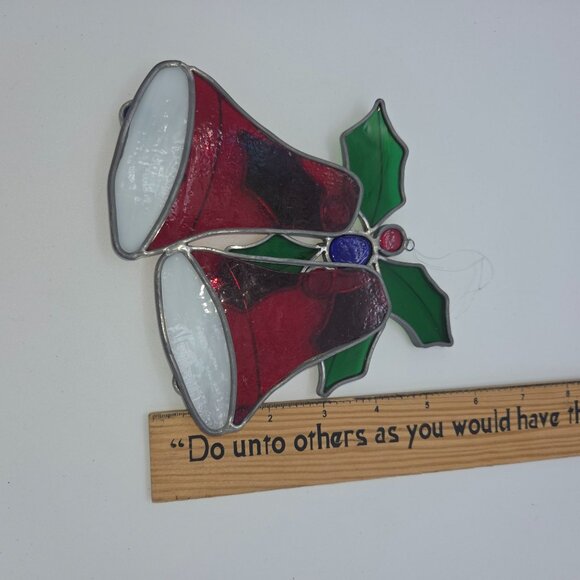 Stained Glass Christmas Bells Holly Sun Catcher 6" Window Ornament Metal Heavy H - Picture 3 of 4